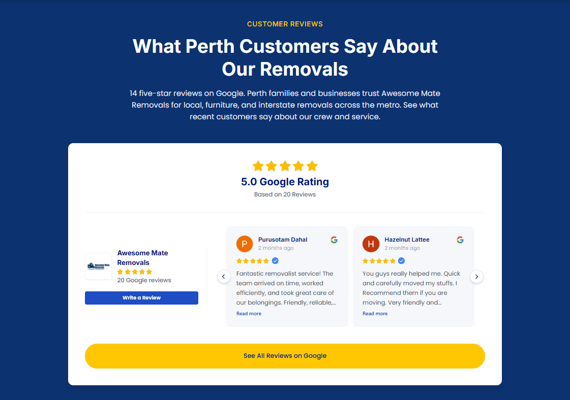Awesome Mate Removals Google Reviews Integration
