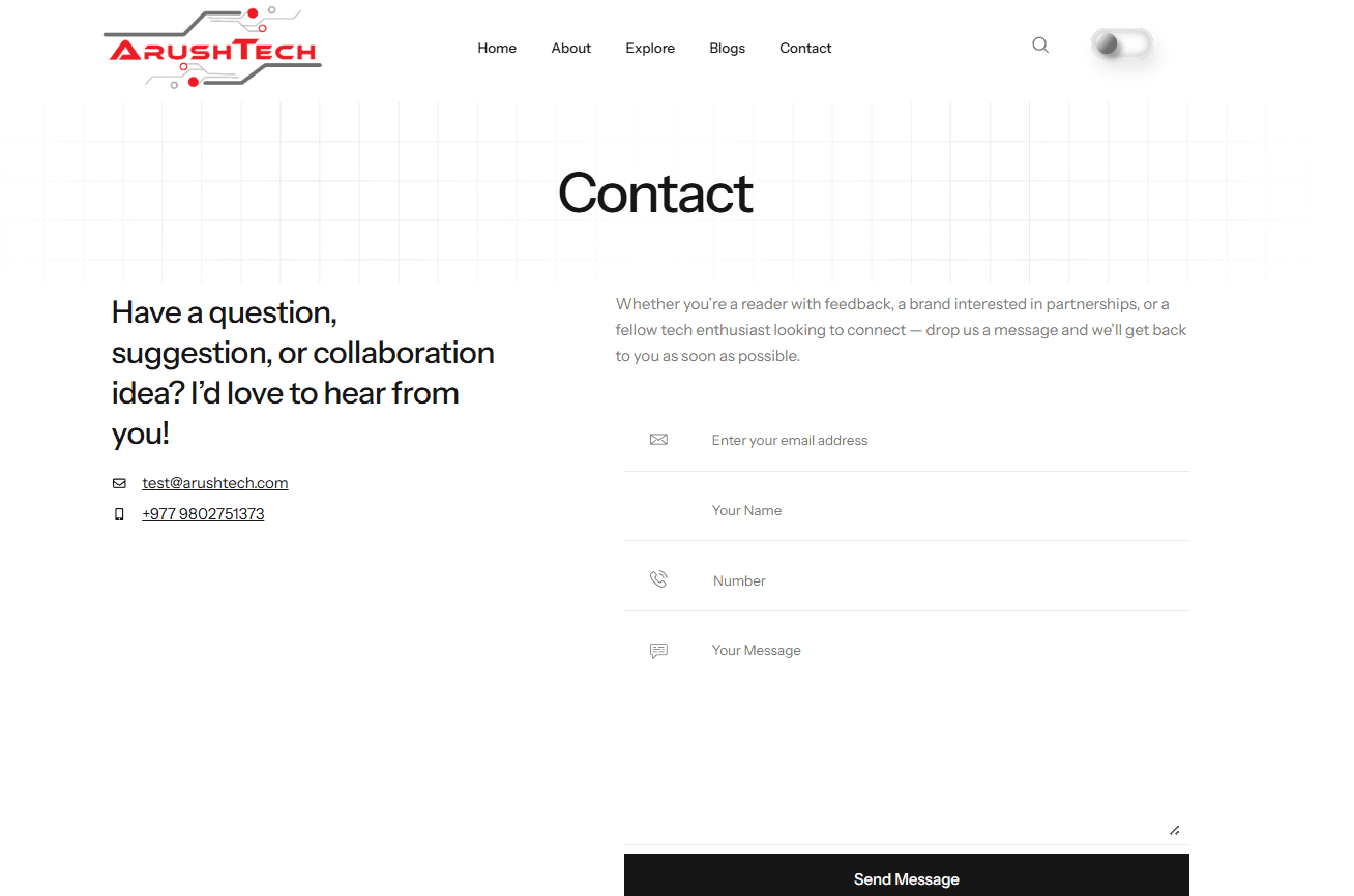Arushtech contact page light