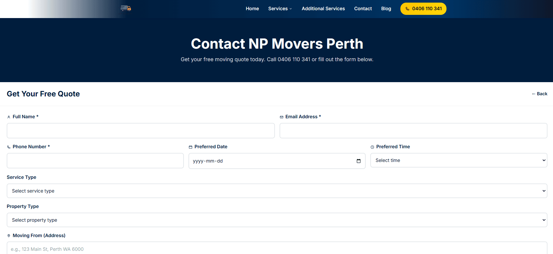 NP movers Lead collection form