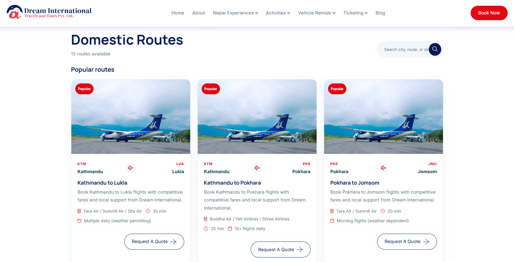 Dream International domestic ticket routes